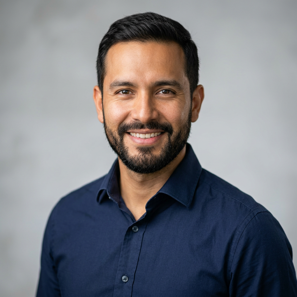 Smiling bearded man in a navy shirt against a gray background