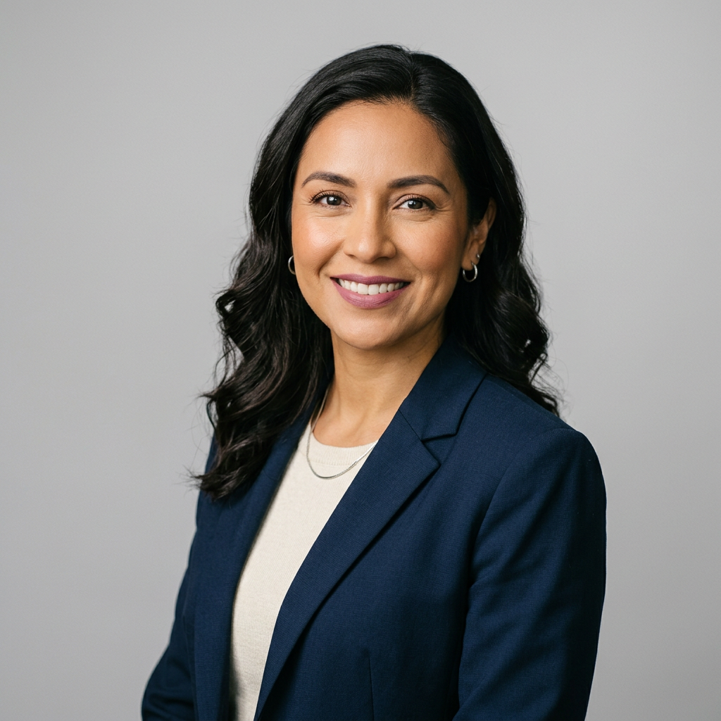 Smiling professional woman in a navy blazer against a gray background
