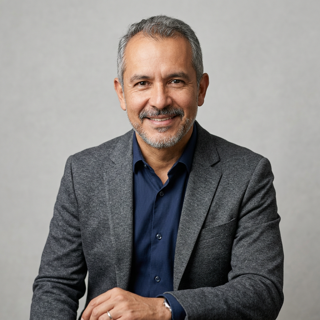 Smiling middle-aged man wearing a gray blazer and navy shirt