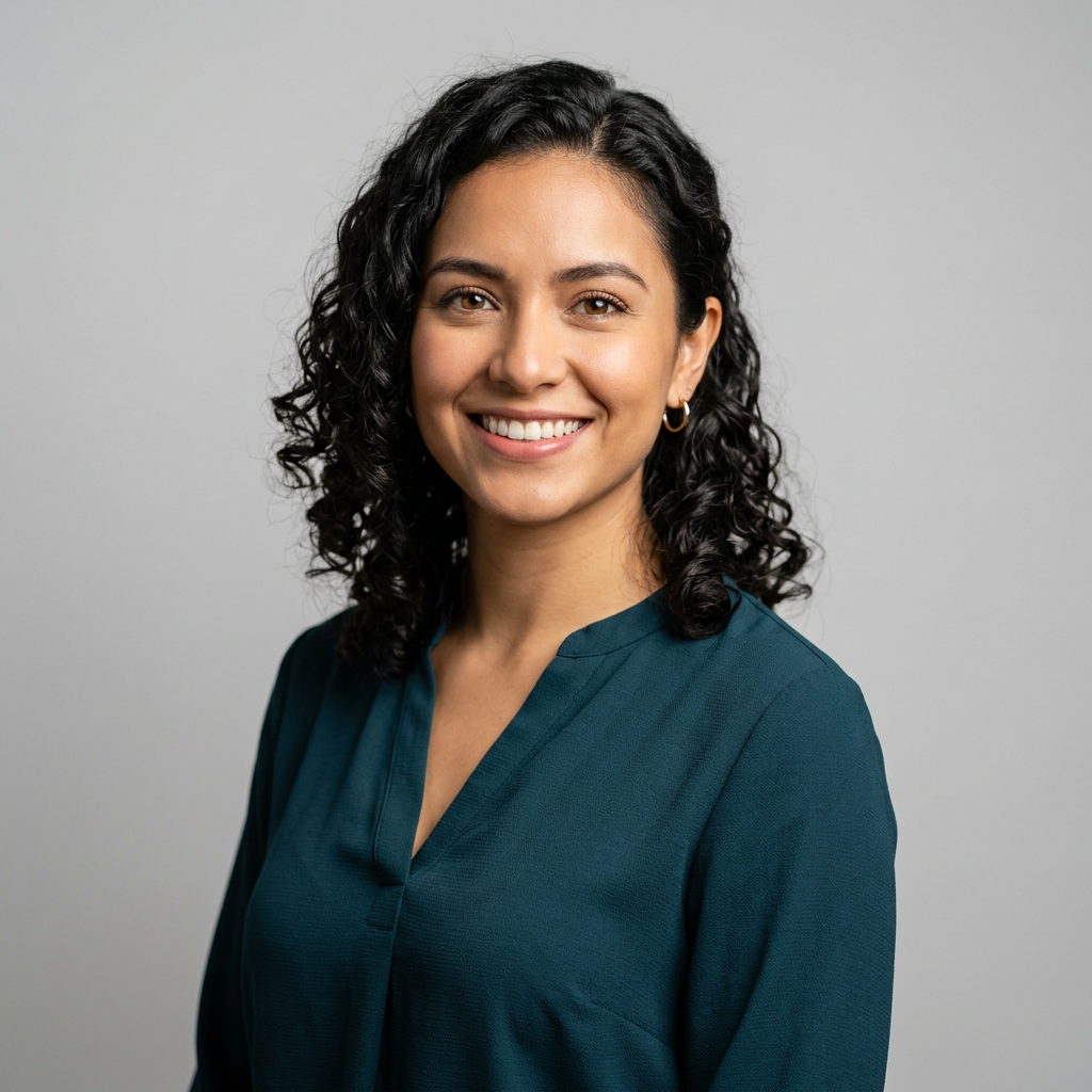 Smiling woman with curly dark hair wearing a teal blouse